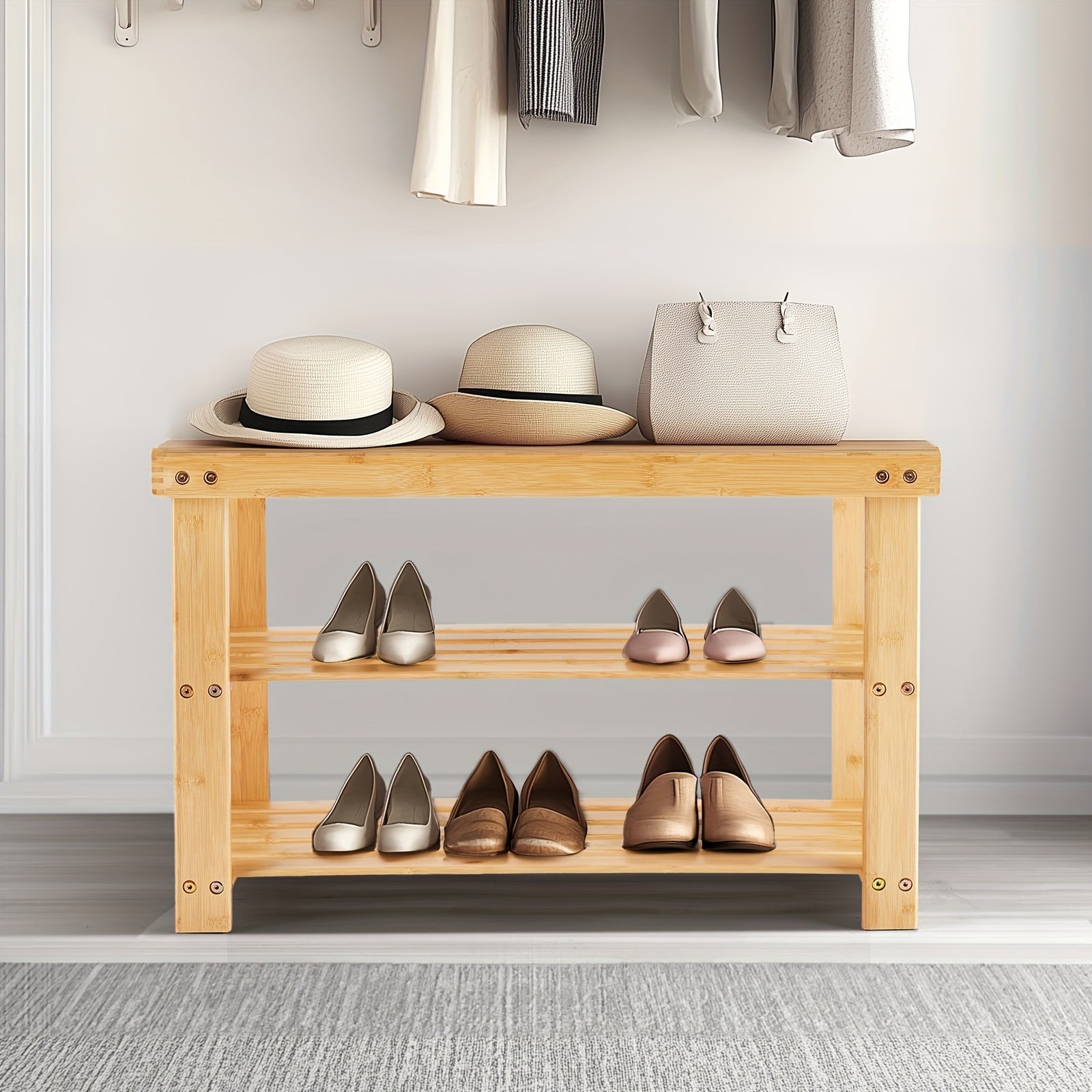 3-Tier Bamboo Shoe Rack Bench 286lb Capacity Compact Storage Organizer Wood Bench for Entryway Bedroom Living Room Balcony Brown & Black