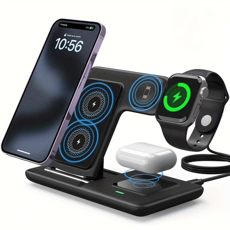 Foldable 3-In-1 Wireless Charging Station for Multiple Devices | Fast Charger Stand Dock for Iwatch Series 9 8 7 6 SE 5 4 3 2, Ultra Airpods Pro 3 2, for Iphone 17/16/15/14/13/12/11 - Magnetic Connector, USB Power, Brand: MINGMAI