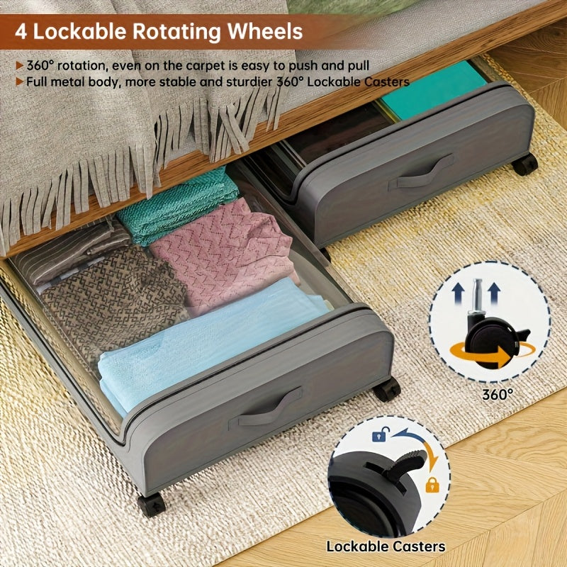 2Pcs Metal Under Bed Storage Organizer With Wheels And Lid Foldable Rolling Underbed Storage Bins For Clothes Shoes Bedding Books Home Bedroom