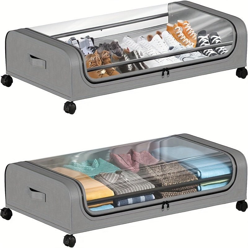 2Pcs Metal Under Bed Storage Organizer With Wheels And Lid Foldable Rolling Underbed Storage Bins For Clothes Shoes Bedding Books Home Bedroom