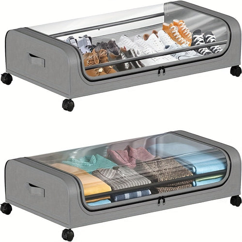 2Pcs Metal Under Bed Storage Organizer With Wheels And Lid Foldable Rolling Underbed Storage Bins For Clothes Shoes Bedding Books Home Bedroom