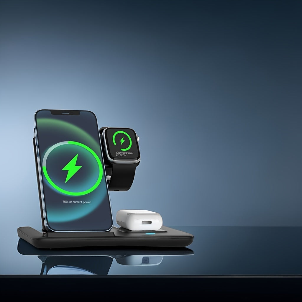Foldable 3-In-1 Wireless Charging Station for Multiple Devices | Fast Charger Stand Dock for Iwatch Series 9 8 7 6 SE 5 4 3 2, Ultra Airpods Pro 3 2, for Iphone 17/16/15/14/13/12/11 - Magnetic Connector, USB Power, Brand: MINGMAI