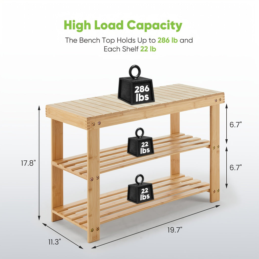 3-Tier Bamboo Shoe Rack Bench 286lb Capacity Compact Storage Organizer Wood Bench for Entryway Bedroom Living Room Balcony Brown & Black