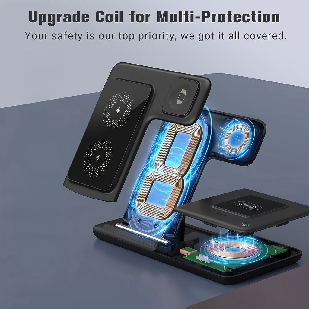 Foldable 3-In-1 Wireless Charging Station for Multiple Devices | Fast Charger Stand Dock for Iwatch Series 9 8 7 6 SE 5 4 3 2, Ultra Airpods Pro 3 2, for Iphone 17/16/15/14/13/12/11 - Magnetic Connector, USB Power, Brand: MINGMAI