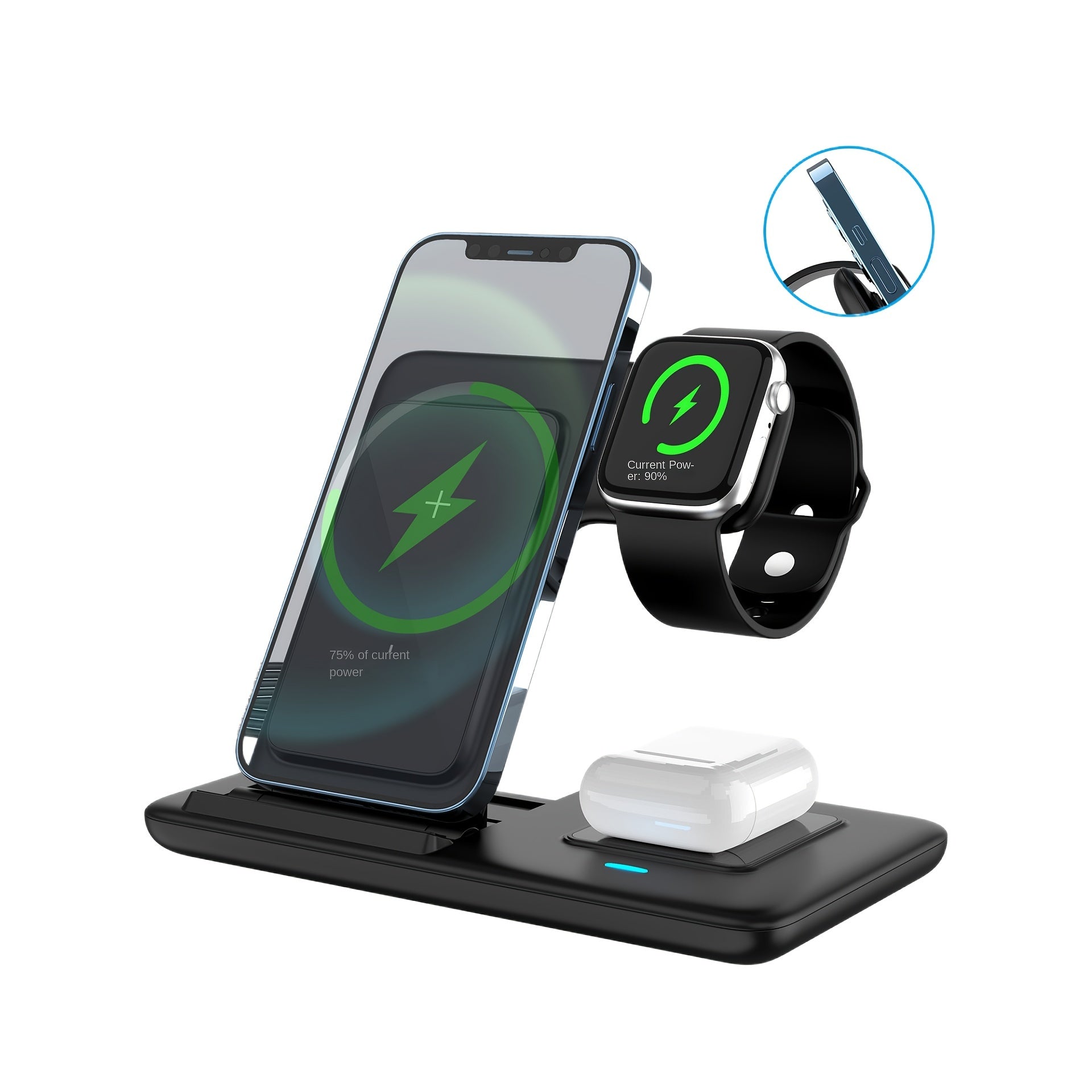 Foldable 3-In-1 Wireless Charging Station for Multiple Devices | Fast Charger Stand Dock for Iwatch Series 9 8 7 6 SE 5 4 3 2, Ultra Airpods Pro 3 2, for Iphone 17/16/15/14/13/12/11 - Magnetic Connector, USB Power, Brand: MINGMAI
