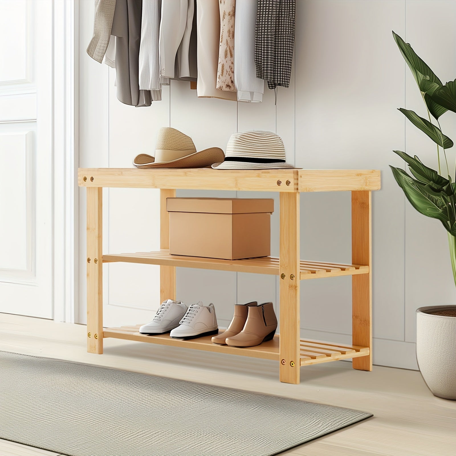 3-Tier Bamboo Shoe Rack Bench 286lb Capacity Compact Storage Organizer Wood Bench for Entryway Bedroom Living Room Balcony Brown & Black