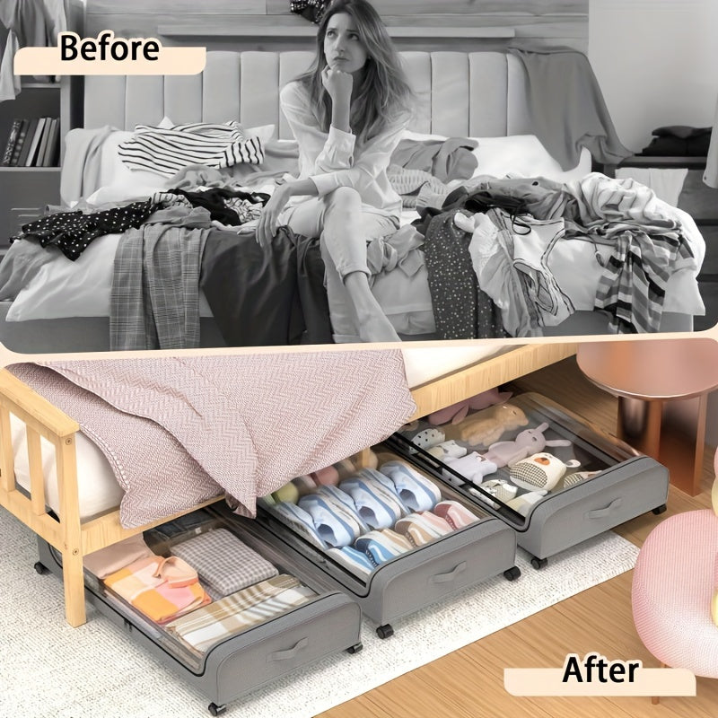 2Pcs Metal Under Bed Storage Organizer With Wheels And Lid Foldable Rolling Underbed Storage Bins For Clothes Shoes Bedding Books Home Bedroom